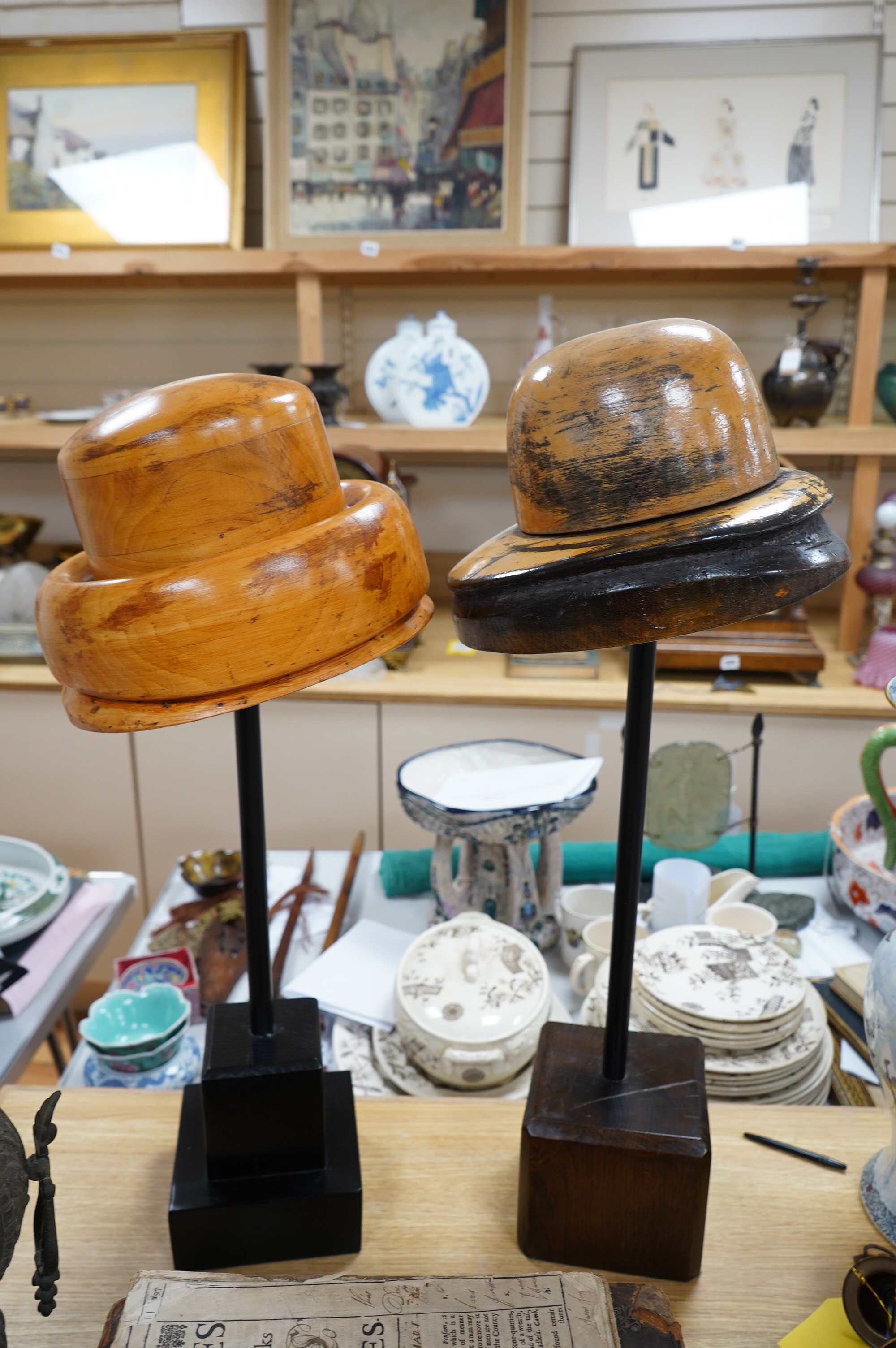 Two vintage milliners wooden hat stands, 72cm high. Condition - fair